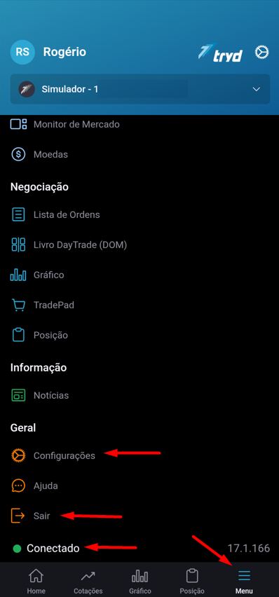 menu com as opcoes configuracoes sair e conectado.png